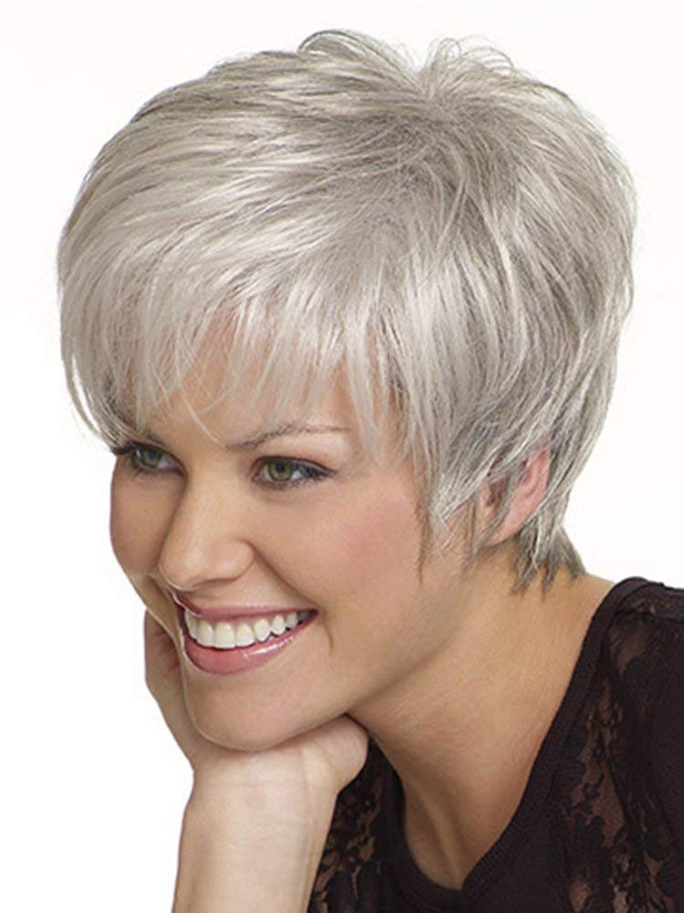 EMMOR Short Silver Grey Human Hair Blend Synthetic Fiber Wigs for Women,Natural Pixie Cut Wig With Bang, Light Weight/Long Life/Ready To Wear/Daily Use (Color 101) - Image 3